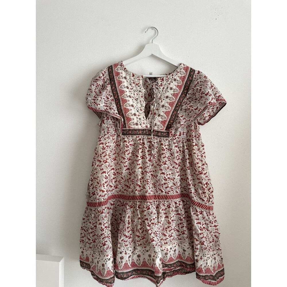 New York Boho Paisley Floral Cotton Tunic Dress Red Ivory Size L